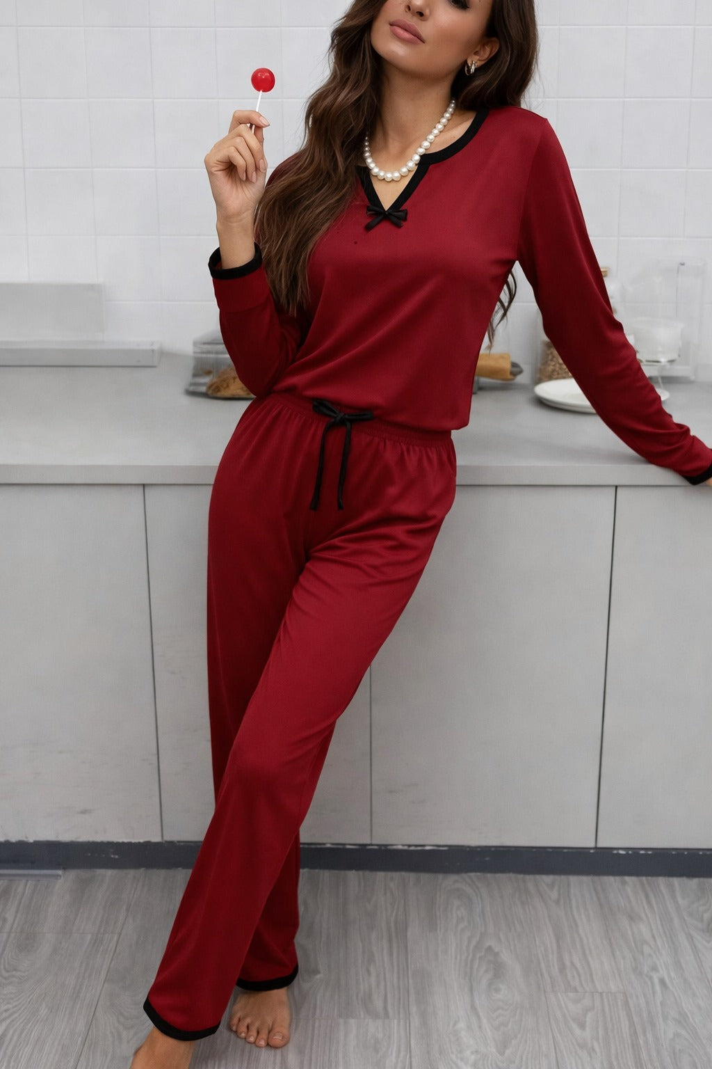 (New) Maroon V Neck plain with Bow Full Sleeves night suit with plazo pajama