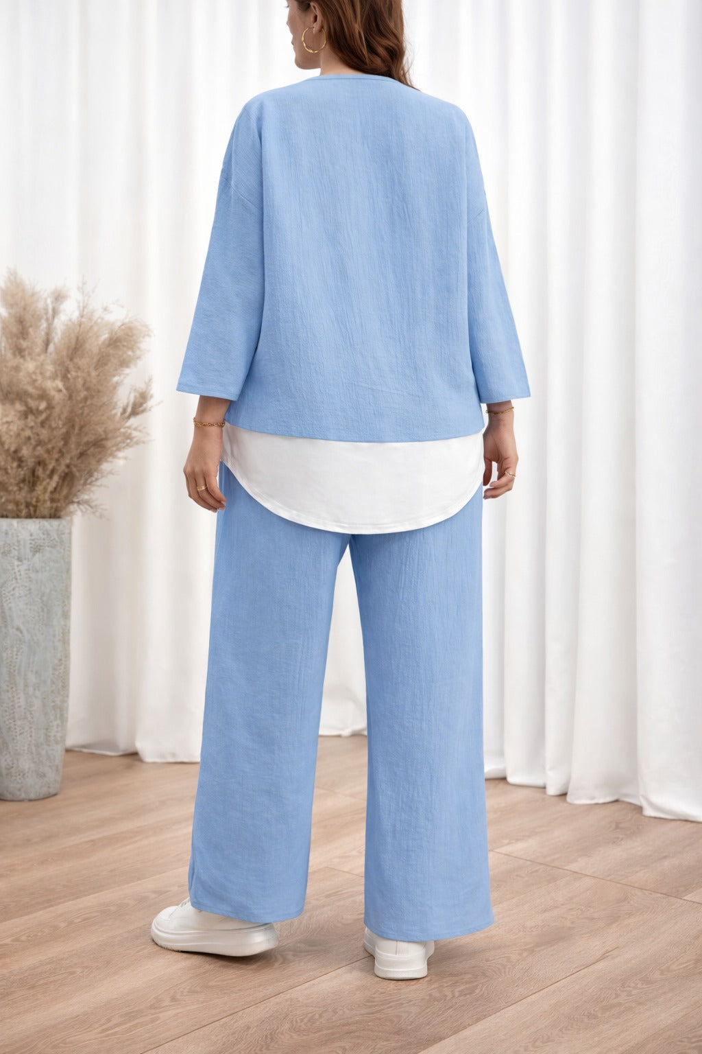 Sky blue with White Bottom line Plain plazzo night suit for her