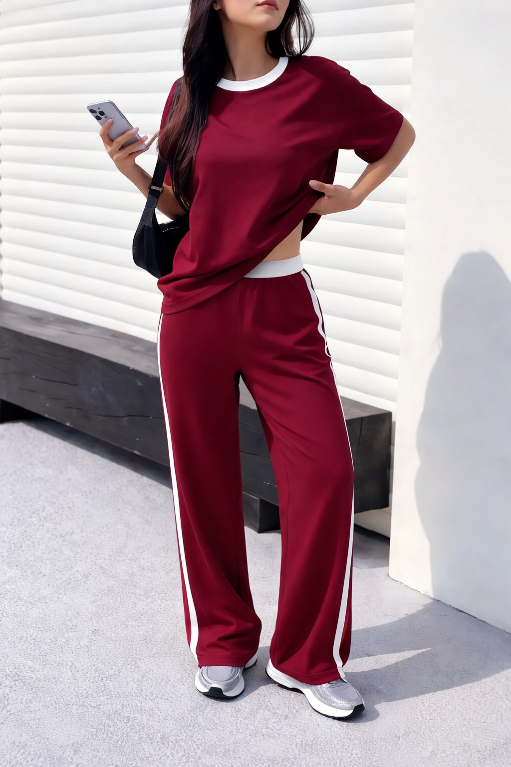(New) Maroon with white round Neck night suit with White panel plazo pajama