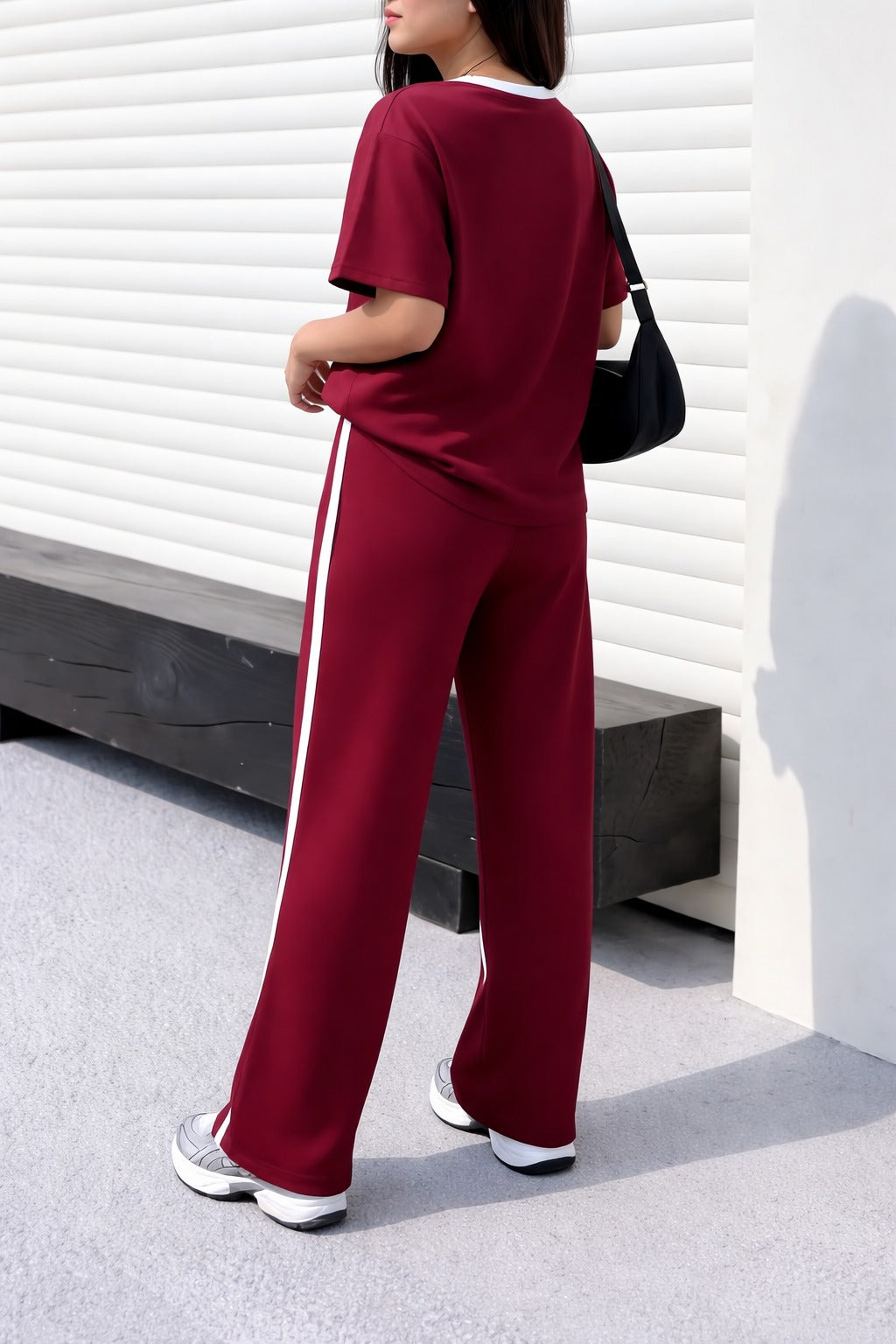 (New) Maroon with white round Neck night suit with White panel plazo pajama