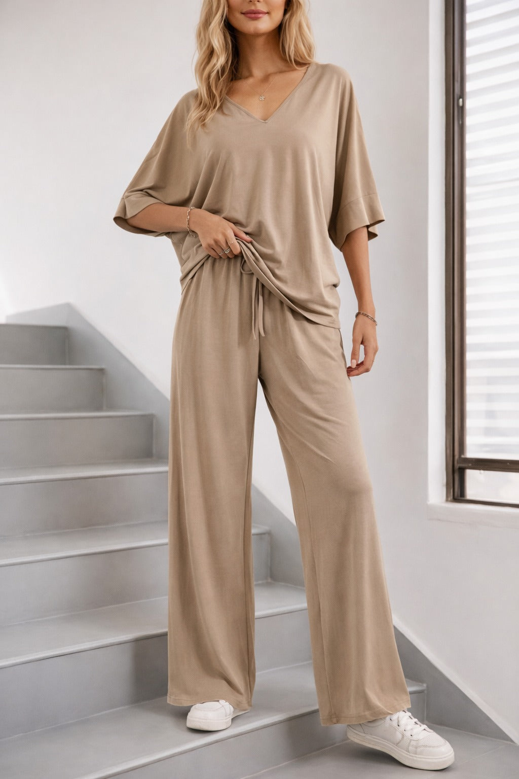 (New)Beige V Neck plain Half Sleeves night suit with plazo pajama