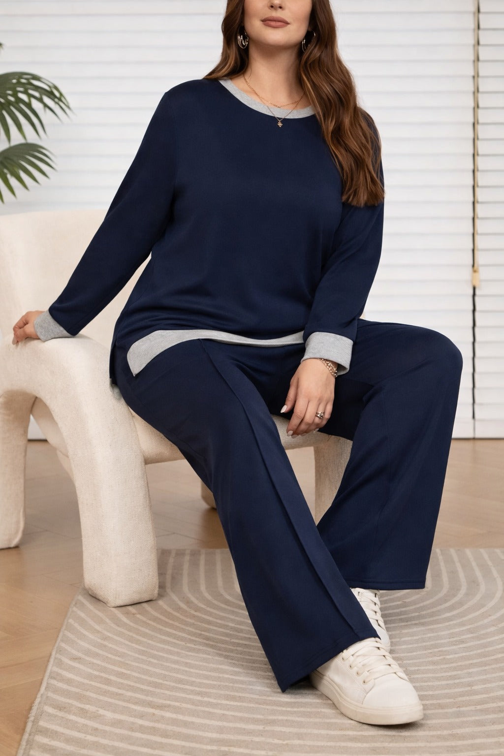 (New) Navy blue Grey round neck with grey Bottom plain Plazo night suit For her