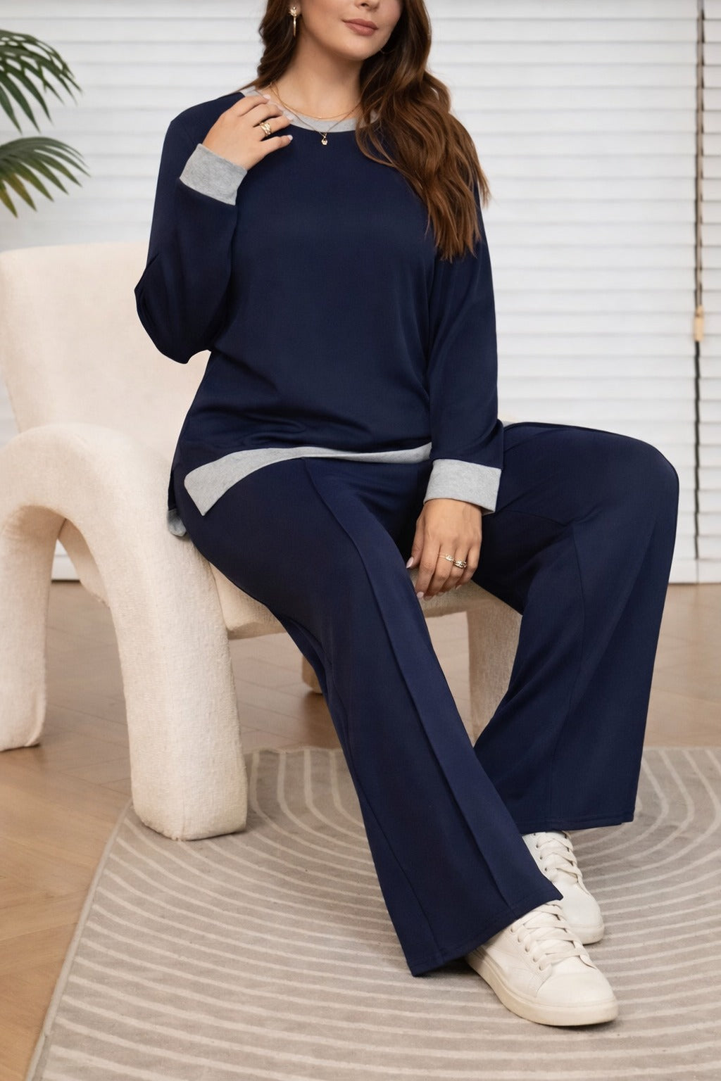 (New) Navy blue Grey round neck with grey Bottom plain Plazo night suit For her
