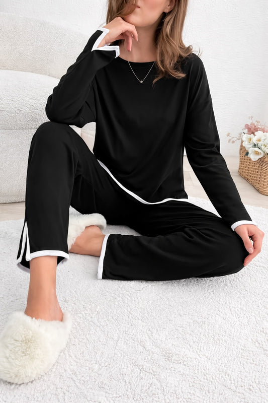 (New) Black Round Neck with white cut sleeves pipen with cut pipen plazo night suit