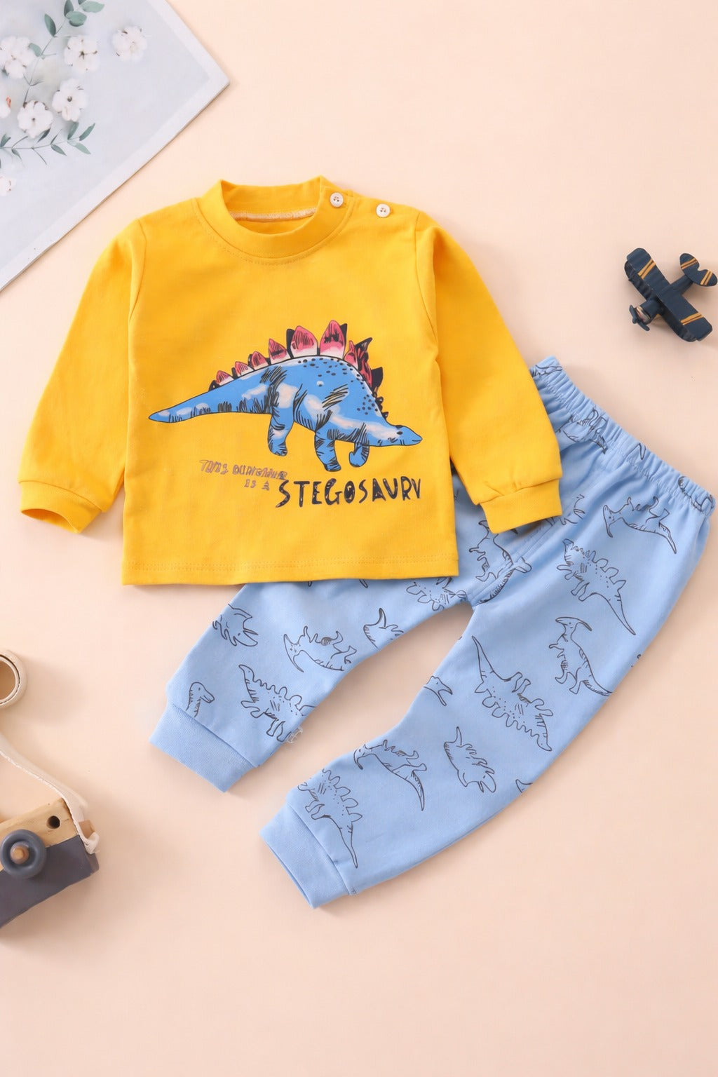 Yellow with Blue Dinosour Printed T shirt with multi dino trouser kids suit