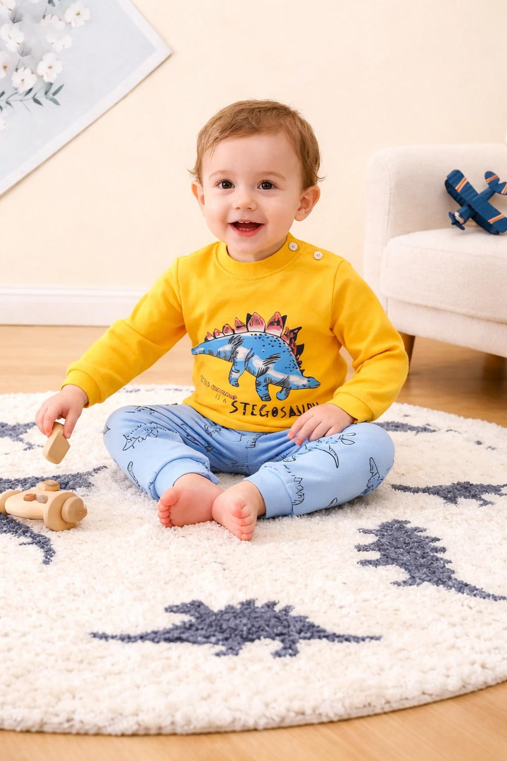 Yellow with Blue Dinosour Printed T shirt with multi dino trouser kids suit