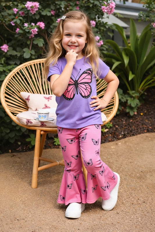 Purple Big butterfly printed half sleeves t shirt with butterfly printed pjs kids suit