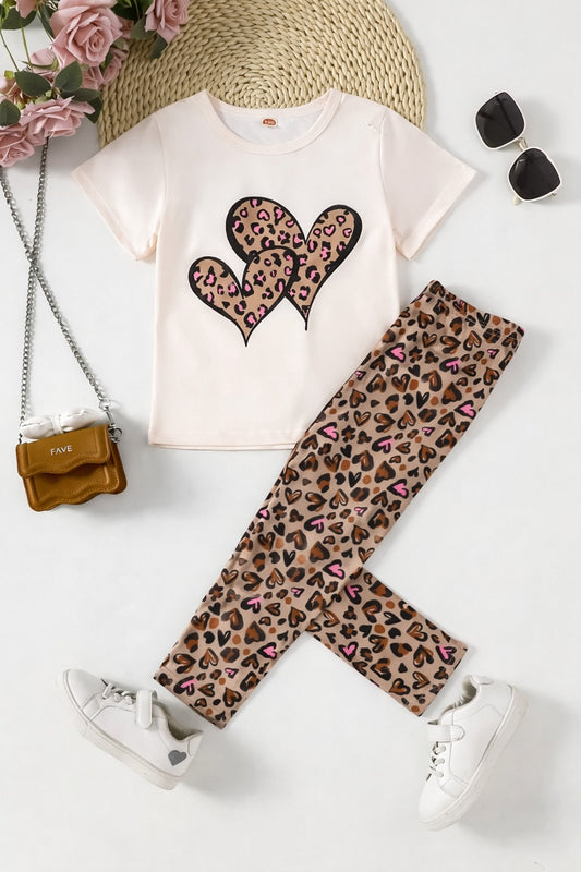 Off white half sleeves Cheeta heart printed t shirt with cheeta pajama kids suit
