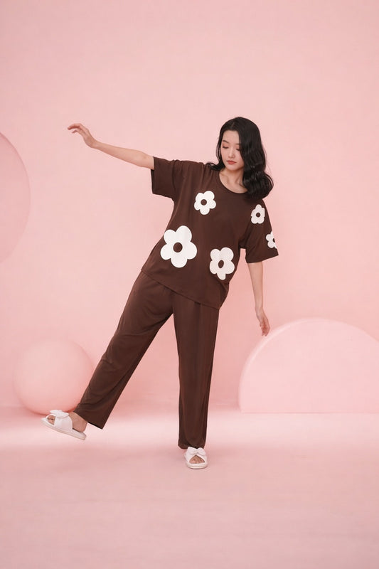 (NEW ) Brown All over BIG White flower night suit For her