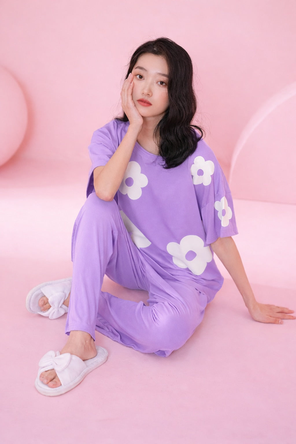 (NEW ) Lilac All over BIG White flower night suit For her