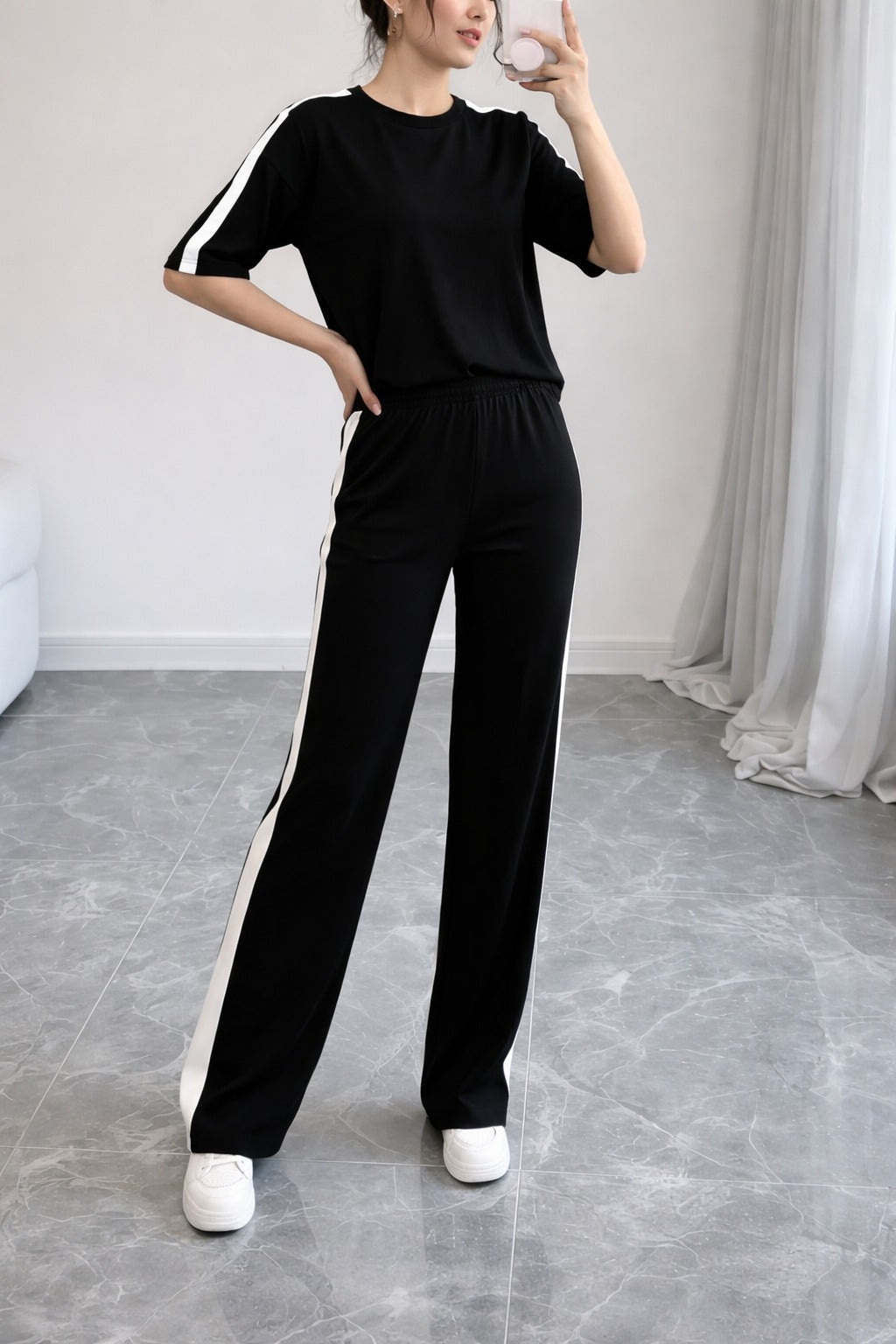 Black with white Half sleeves panel T shirt with white panel trousers For her
