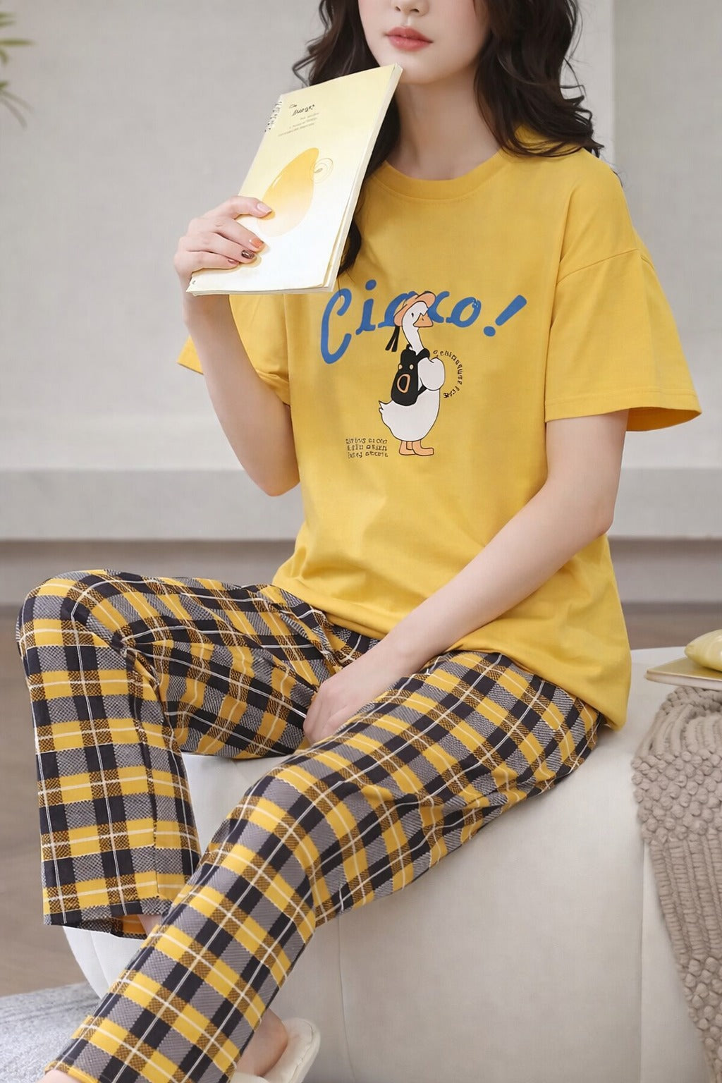 Yellow Cute Duck Printed half sleeves t shirt with check pajama night suit for her