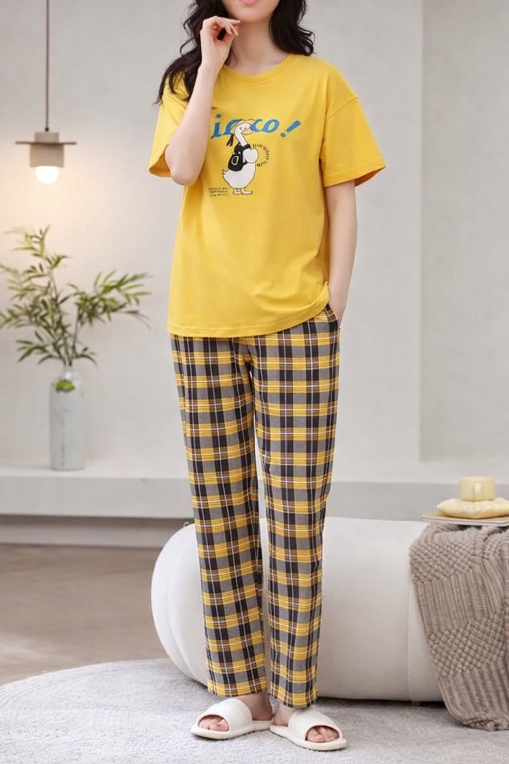 Yellow Cute Duck Printed half sleeves t shirt with check pajama night suit for her