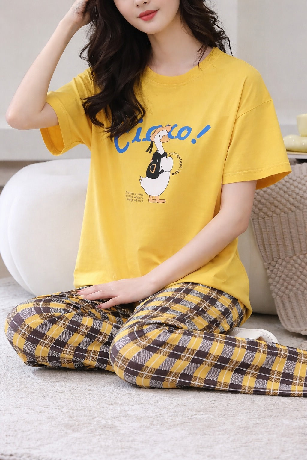 Yellow Cute Duck Printed half sleeves t shirt with check pajama night suit for her