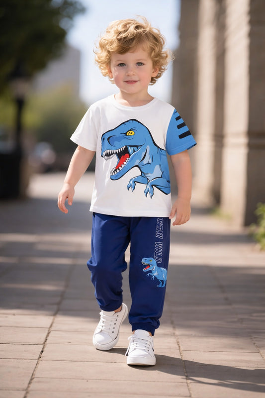 white with BIG blue Dinosour with blue printed pajama kids suit