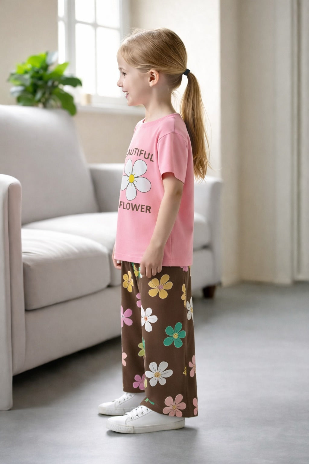 Pink multicolour big Flower T shirt with brown Flowers printed pjs