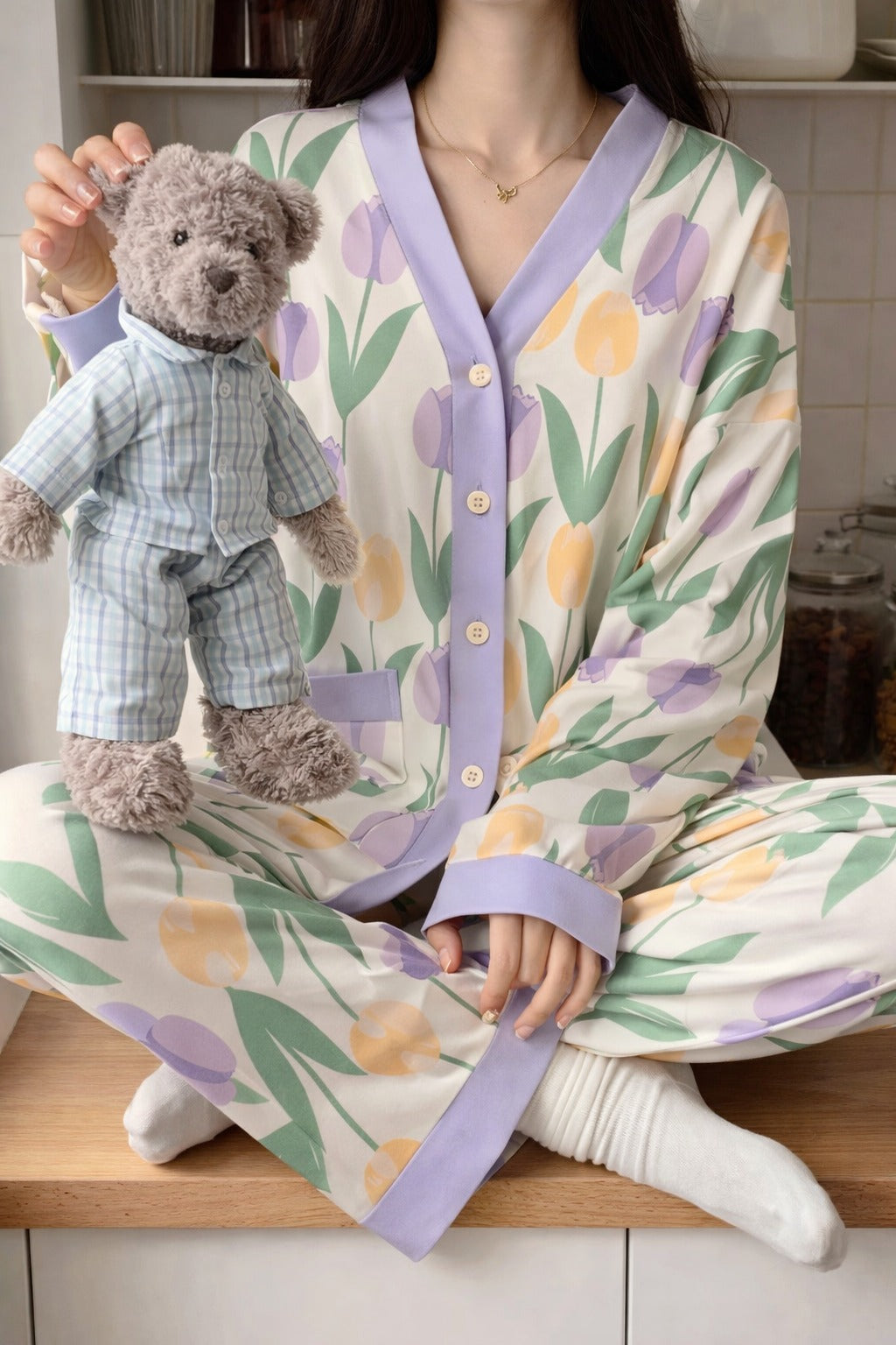 Off white with purple pipen big Flowers printed Front button Style night suit For her