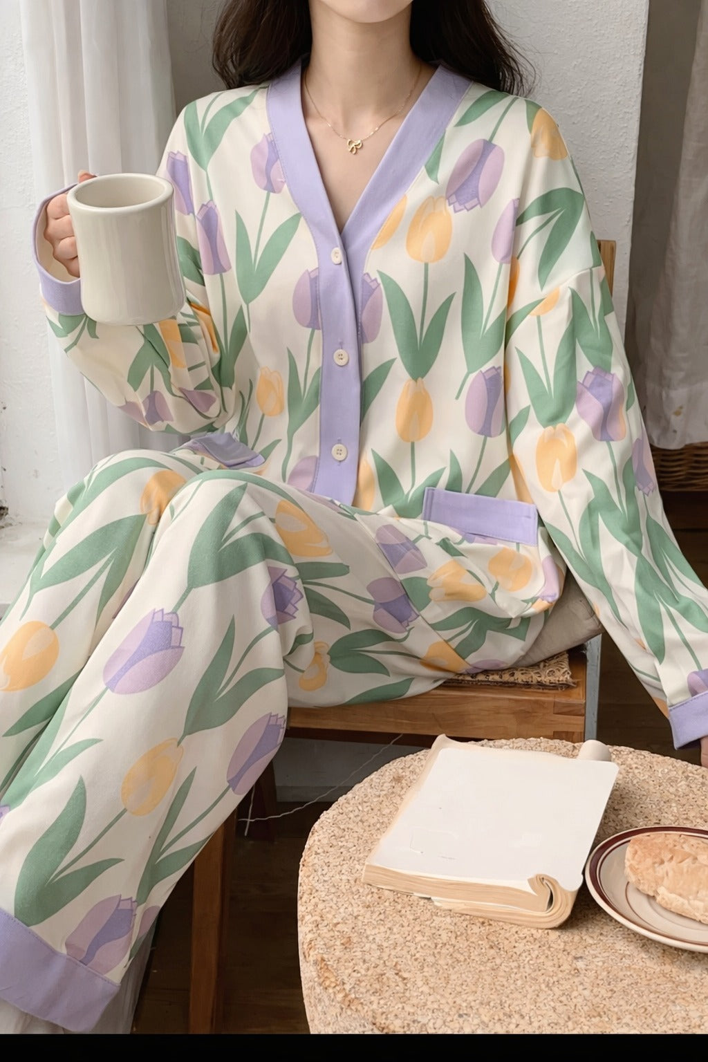 Off white with purple pipen big Flowers printed Front button Style night suit For her