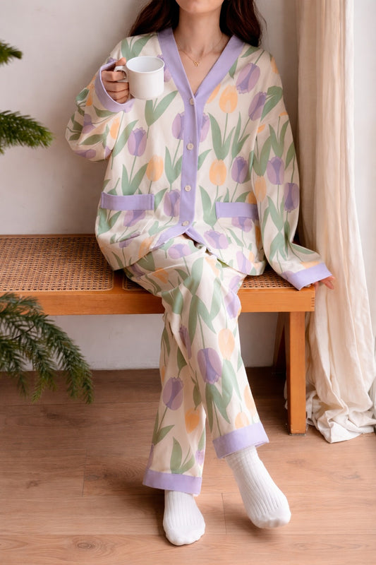 Off white with purple pipen big Flowers printed Front button Style night suit For her