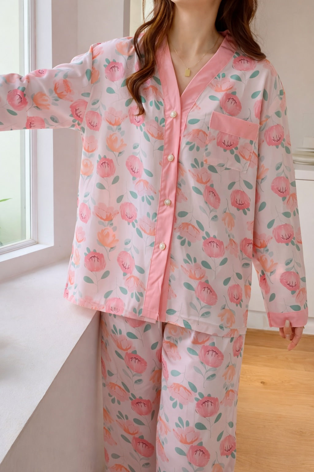 Pink with All over roses printed Front button Style night suit For her