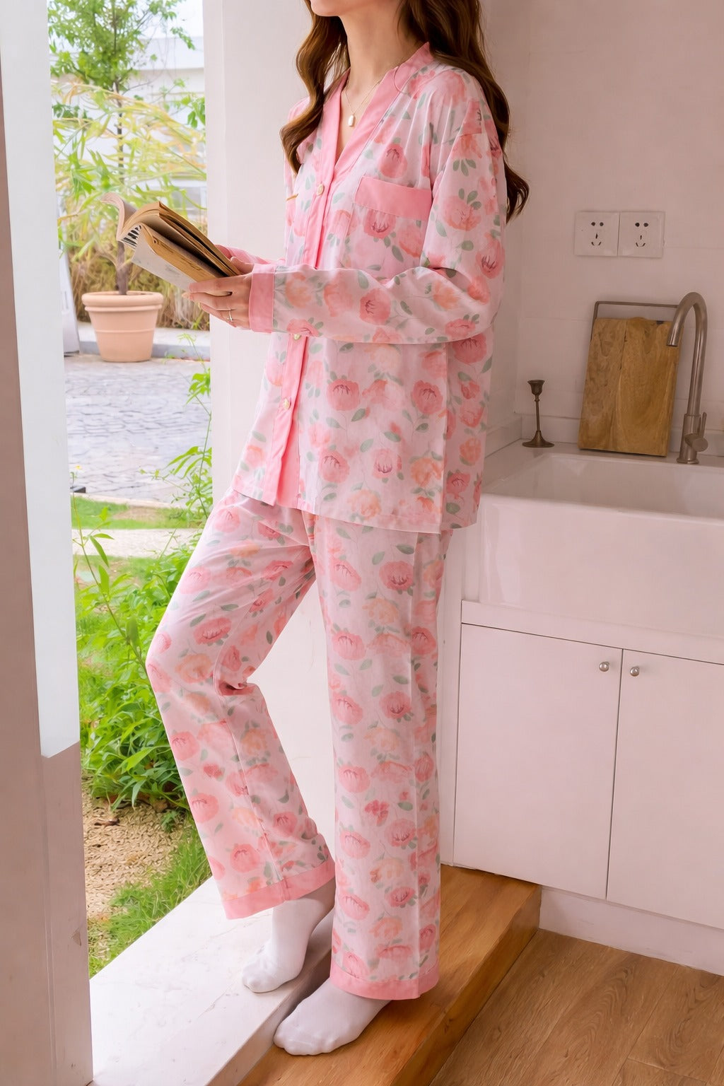 Pink with All over roses printed Front button Style night suit For her