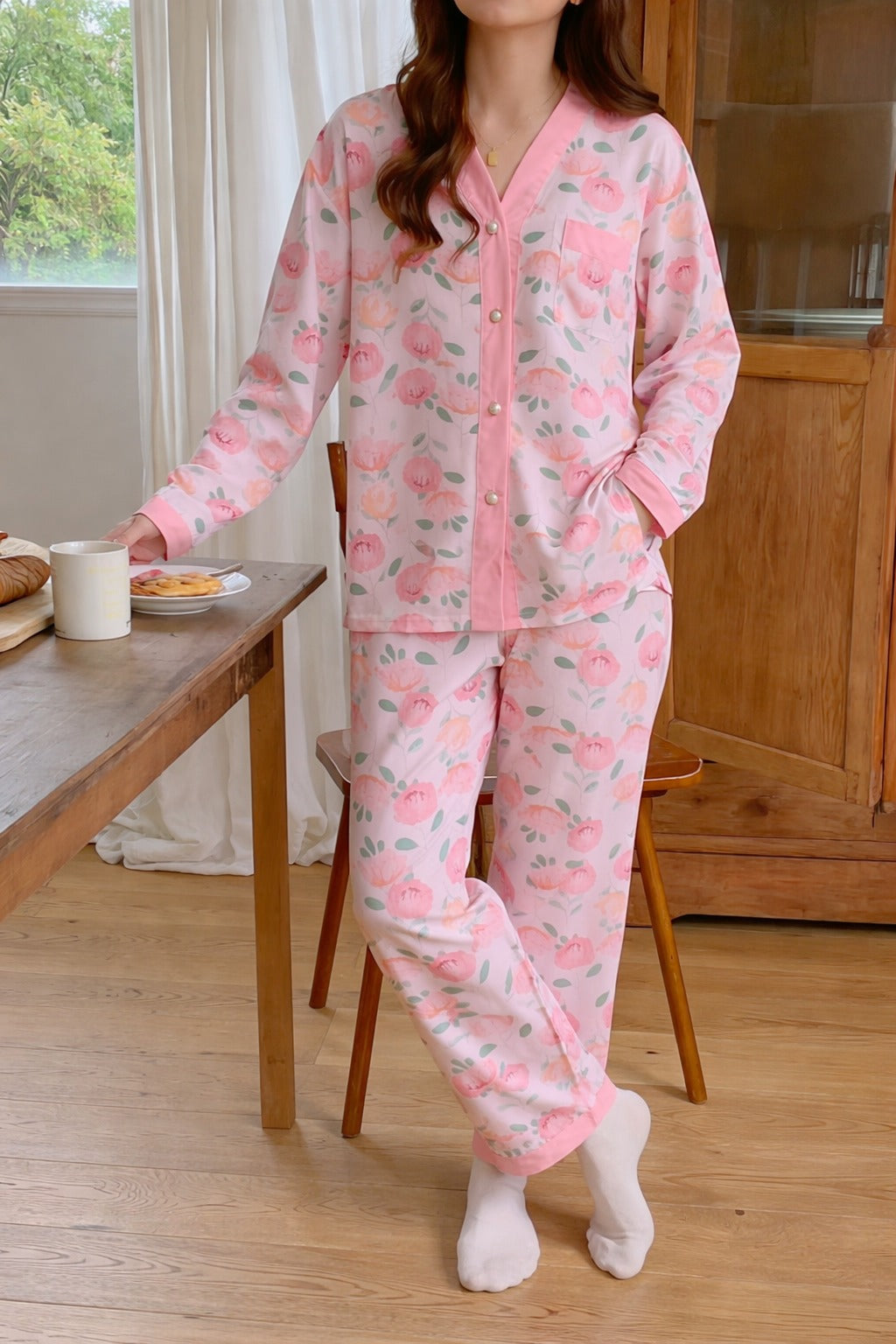 Pink with All over roses printed Front button Style night suit For her