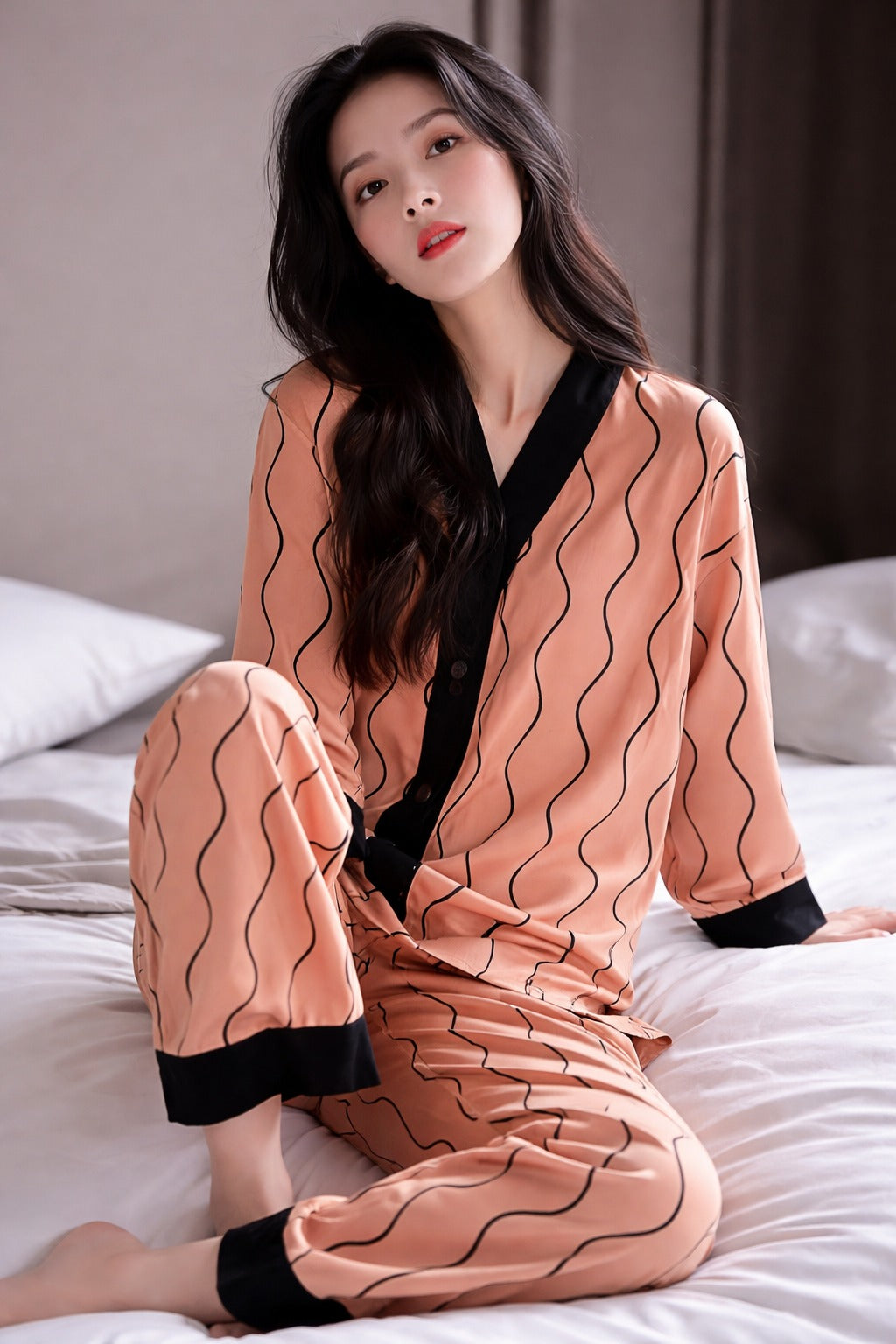 Orange with black linings printed Front button Style night suit For her