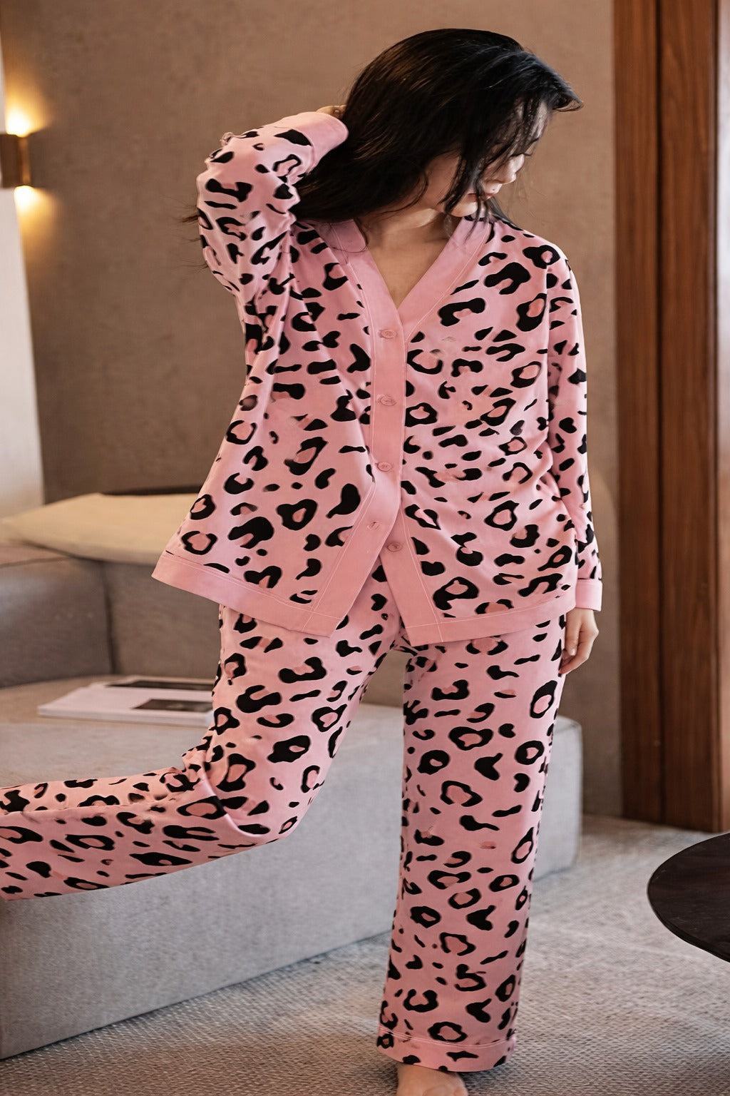 Baby Pink with cheetah printed Front button Style night suit For her