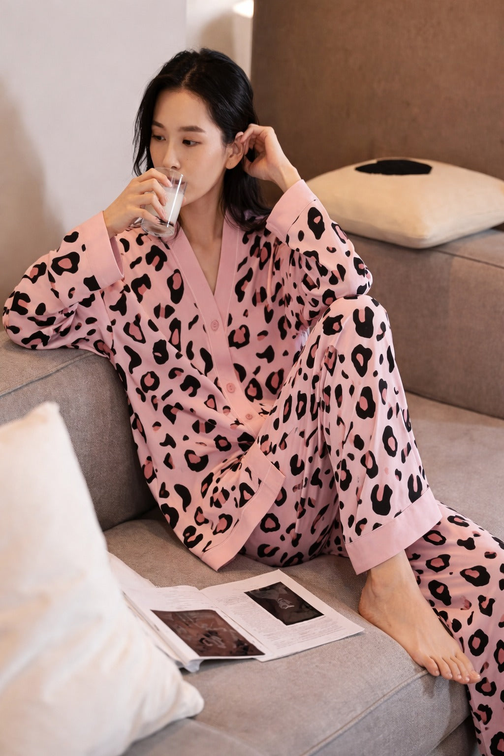 Baby Pink with cheetah printed Front button Style night suit For her