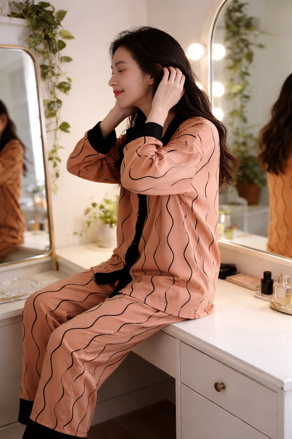 Orange with black linings printed Front button Style night suit For her
