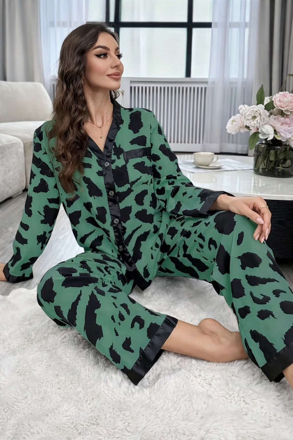 Dark Green with cheetah printed Front button Style night suit For her