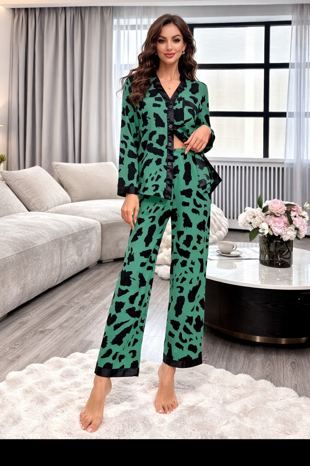 Dark Green with cheetah printed Front button Style night suit For her