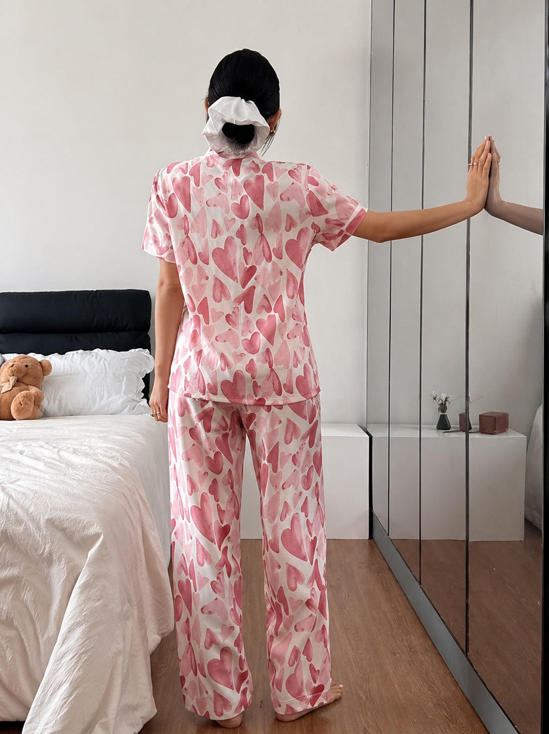 Rose Pink All over Big Hearts Button style night suit For her