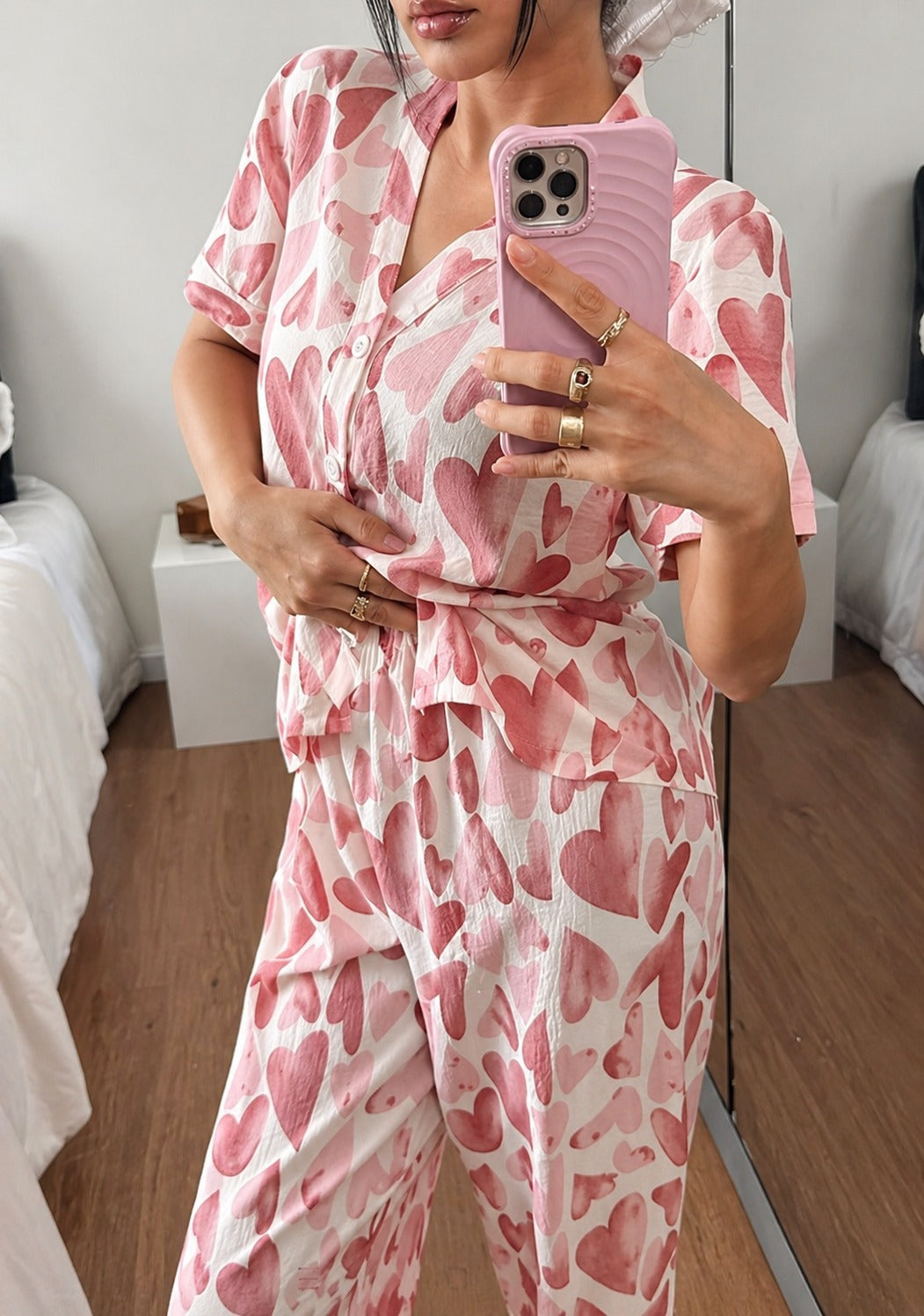 Rose Pink All over Big Hearts Button style night suit For her