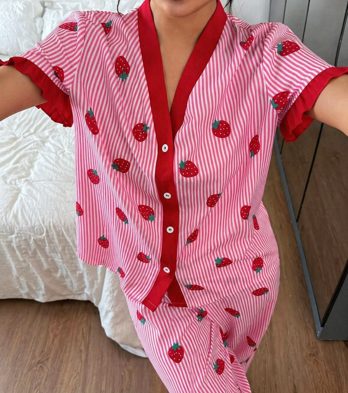 Pink All over Strawberry with pink lining style button Night suit For her