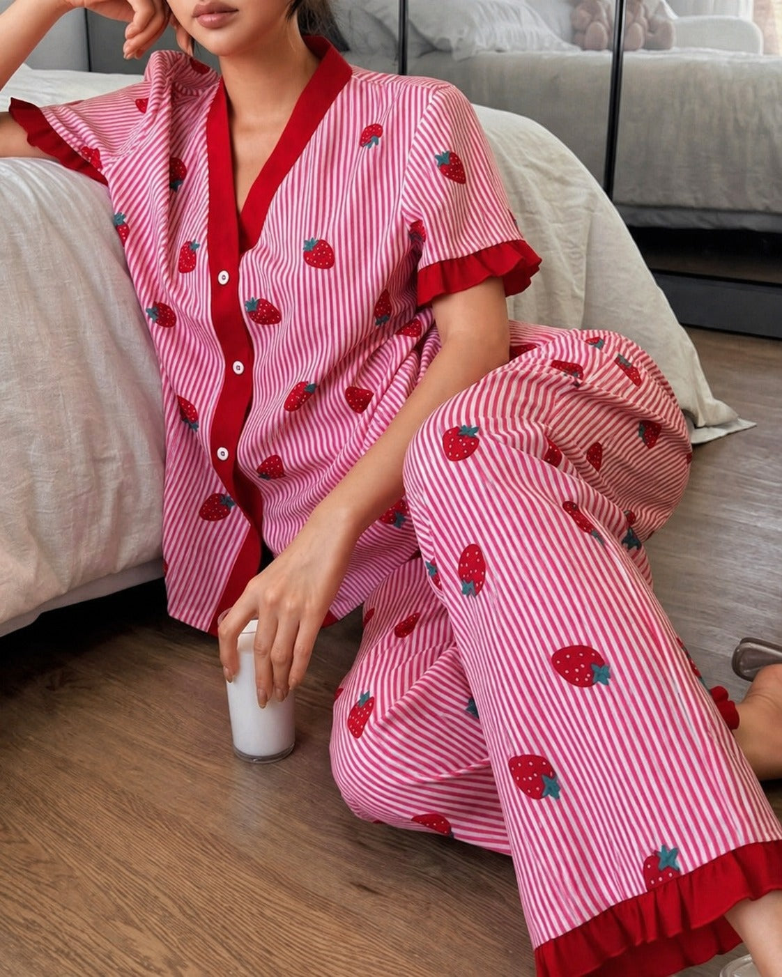 Pink All over Strawberry with pink lining style button Night suit For her