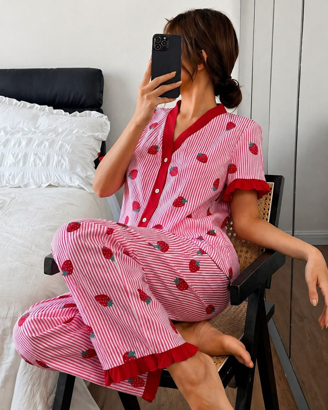 Pink All over Strawberry with pink lining style button Night suit For her