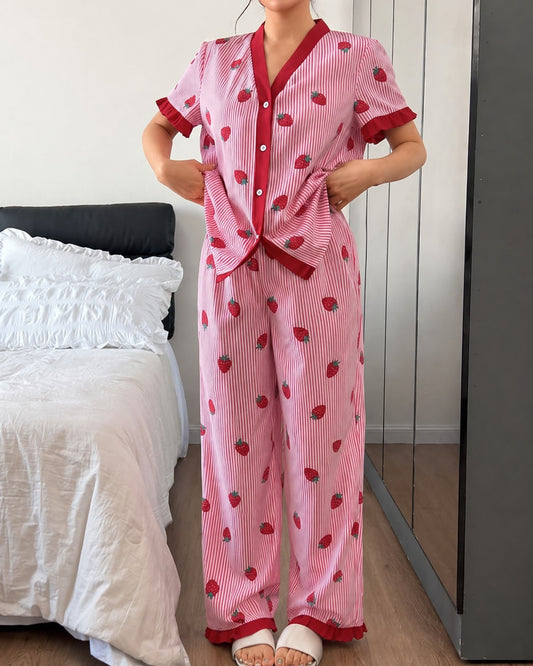 Pink All over Strawberry with pink lining style button Night suit For her