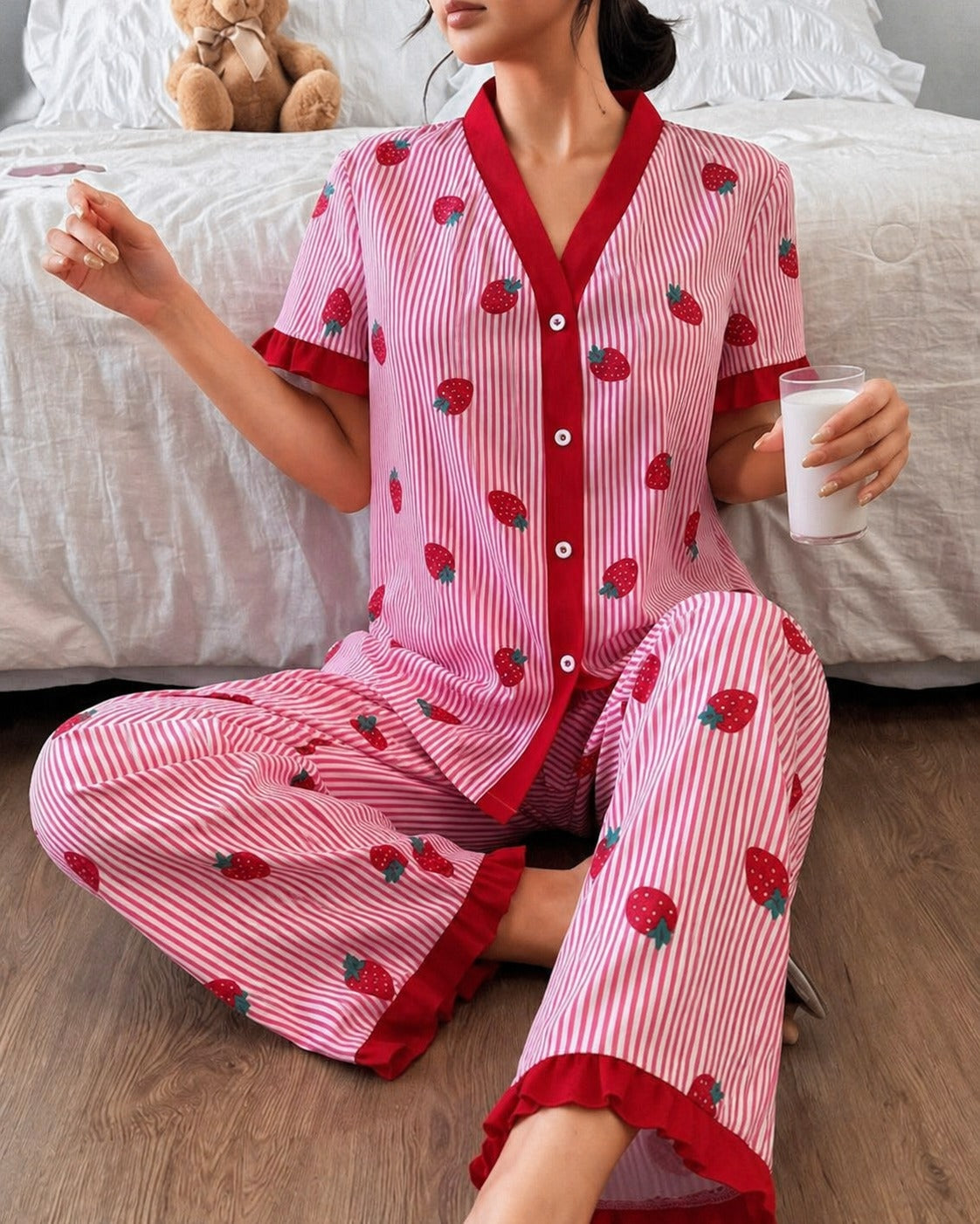 Pink All over Strawberry with pink lining style button Night suit For her