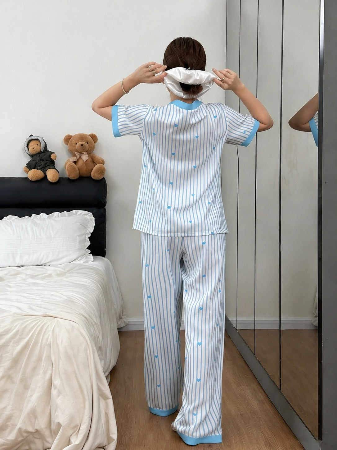 Sky blue All over hearts with Sky blue lining style button Night suit For her
