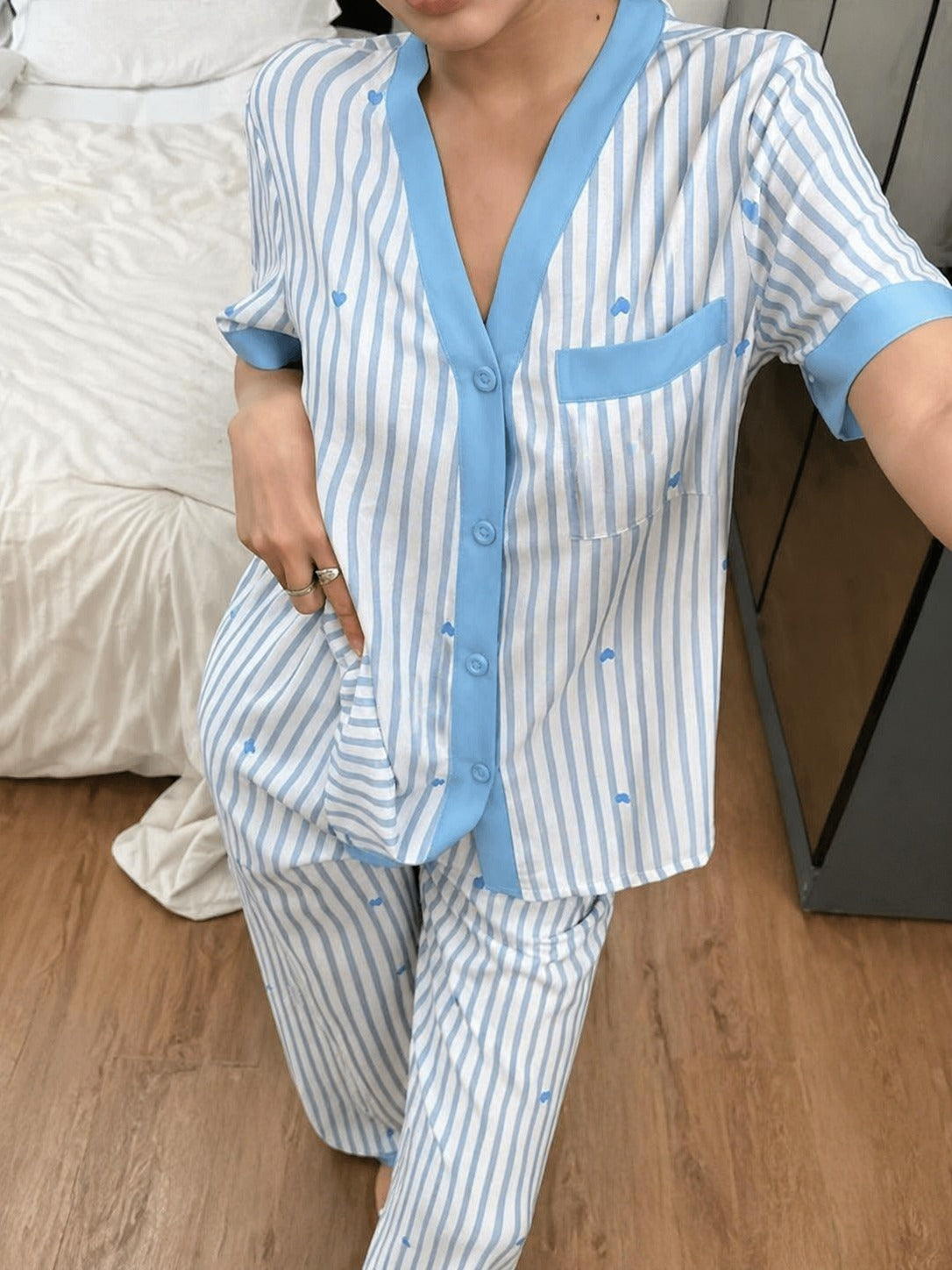 Sky blue All over hearts with Sky blue lining style button Night suit For her