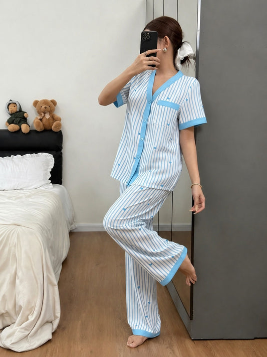Sky blue All over hearts with Sky blue lining style button Night suit For her