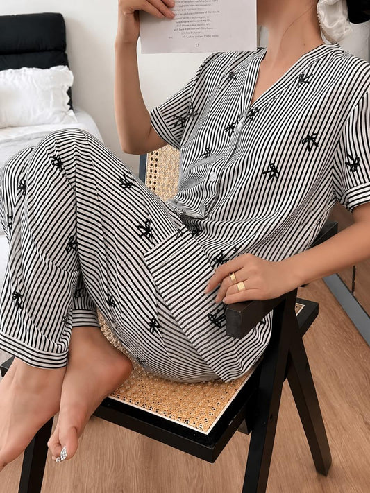 white with black lining all over Bow printed half sleeves Button style Night Suit For Her
