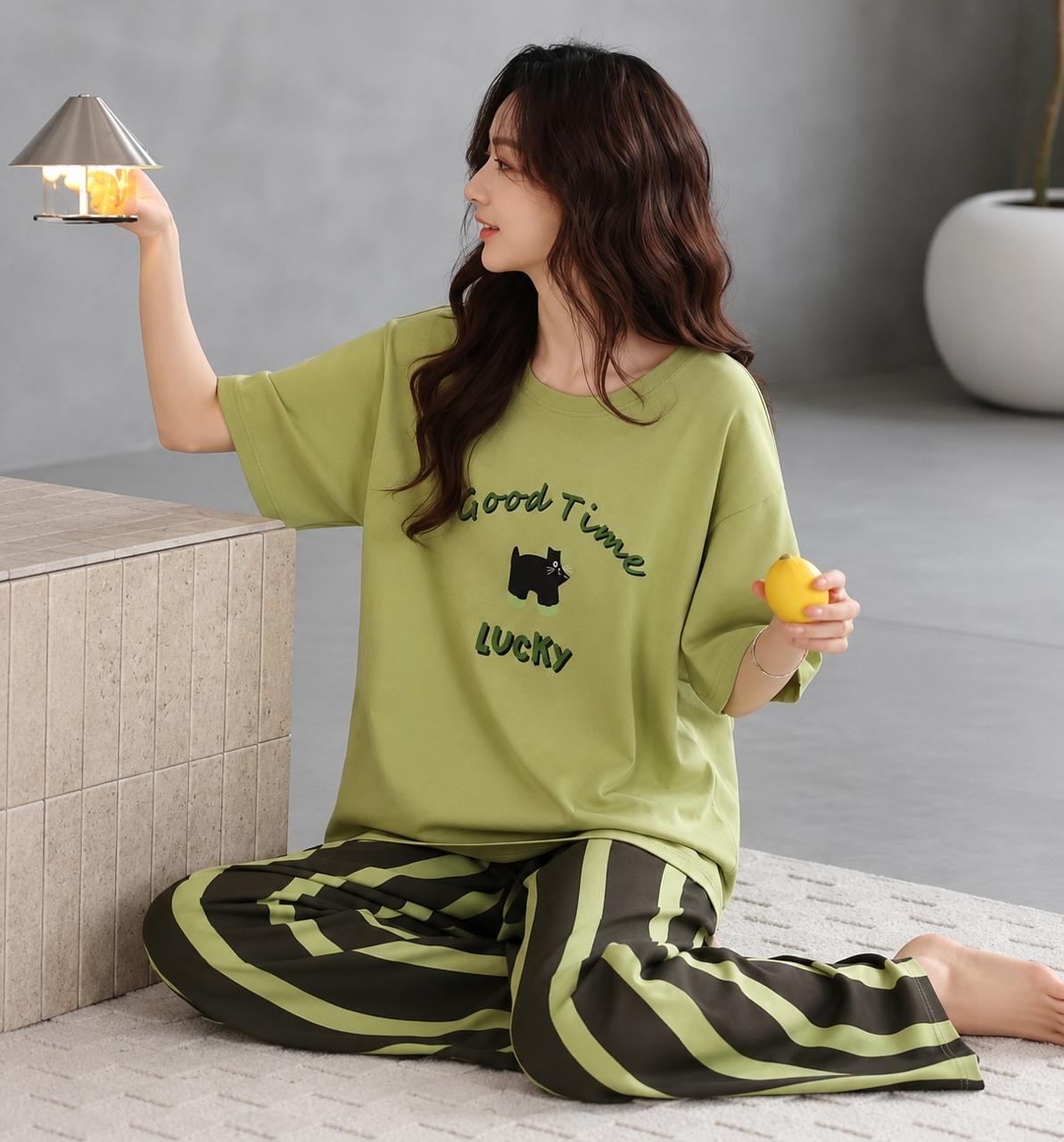 Olive green Good times lucky printed half sleeves night suit For her