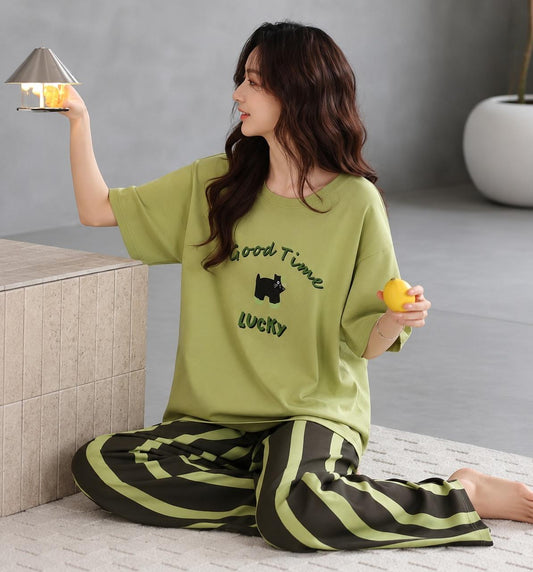 Olive green Good times lucky printed half sleeves night suit For her
