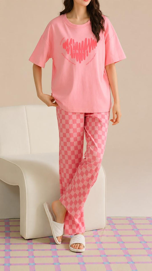 Pink Big Smile hearts printed half sleeves with checkered printed trouser night suit For her