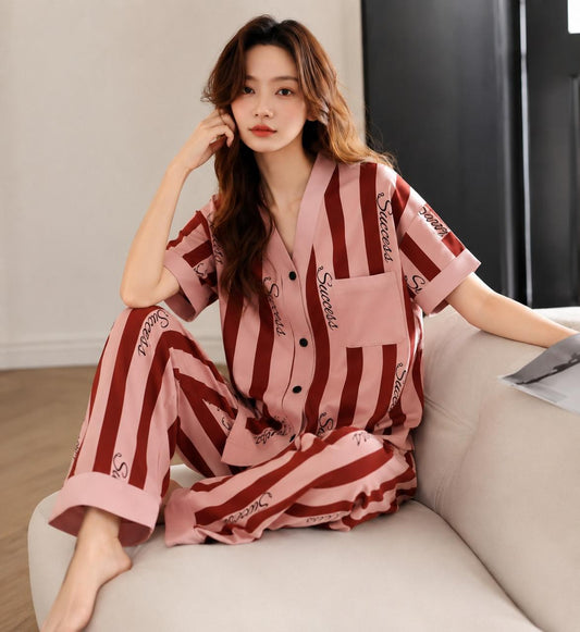 Pink with maroon lining success printed Button style Night Suit For Her