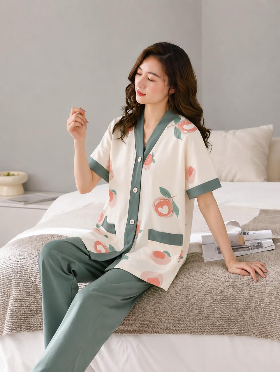 Off white Big Apples Printed Button Style with green pjs Night Suit For Her