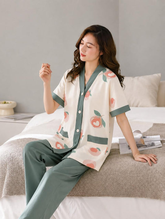 Off white Big Apples Printed Button Style with green pjs Night Suit For Her