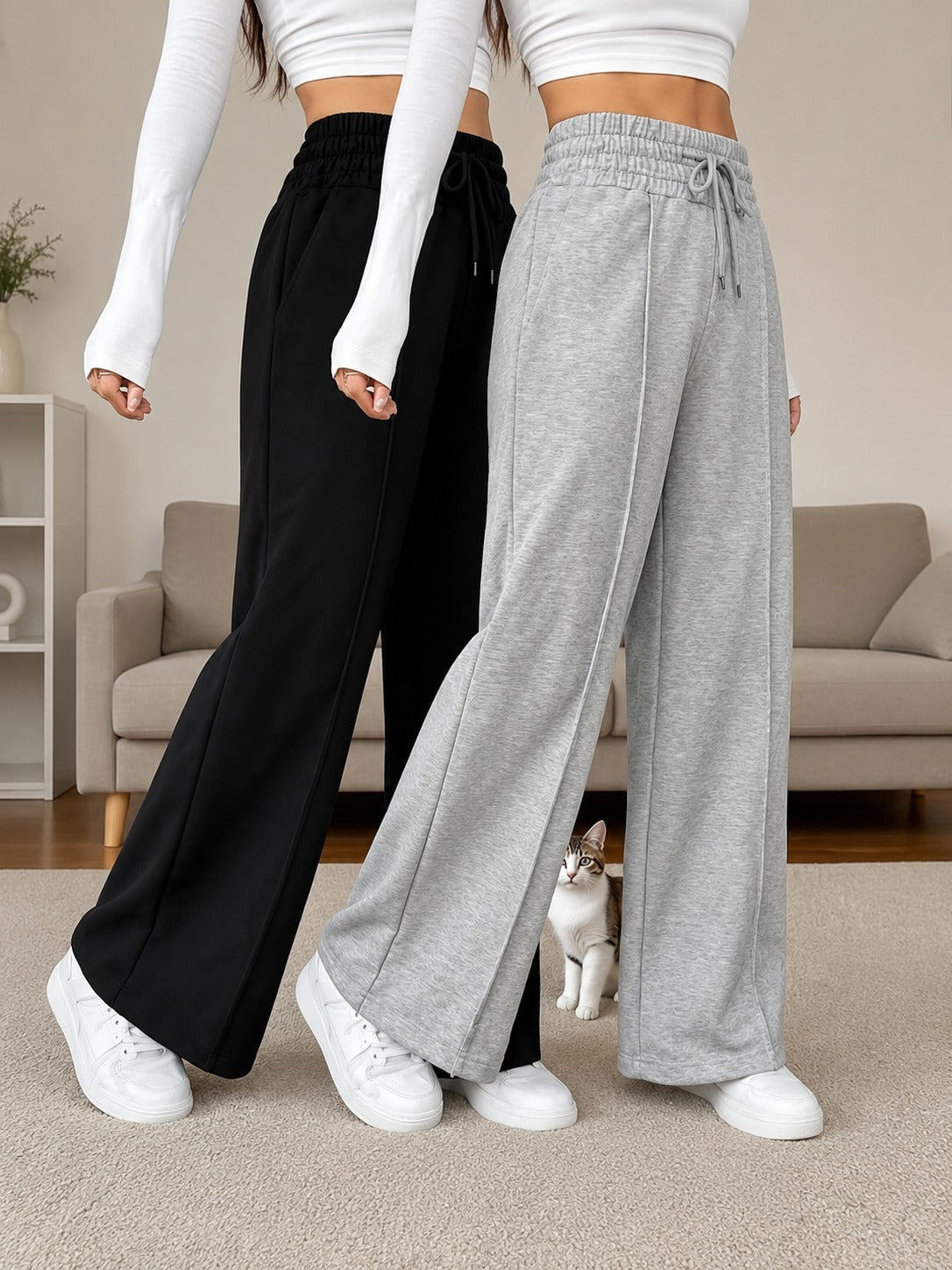 Pack of 2 front stitch Black And hazel Grey Terry baggy Plazo for her